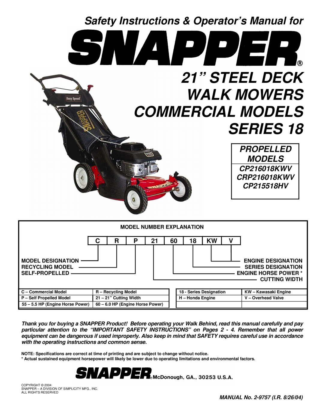 Snapper CP215518HV, CP216018KWV, CRP216018KWV important safety instructions 