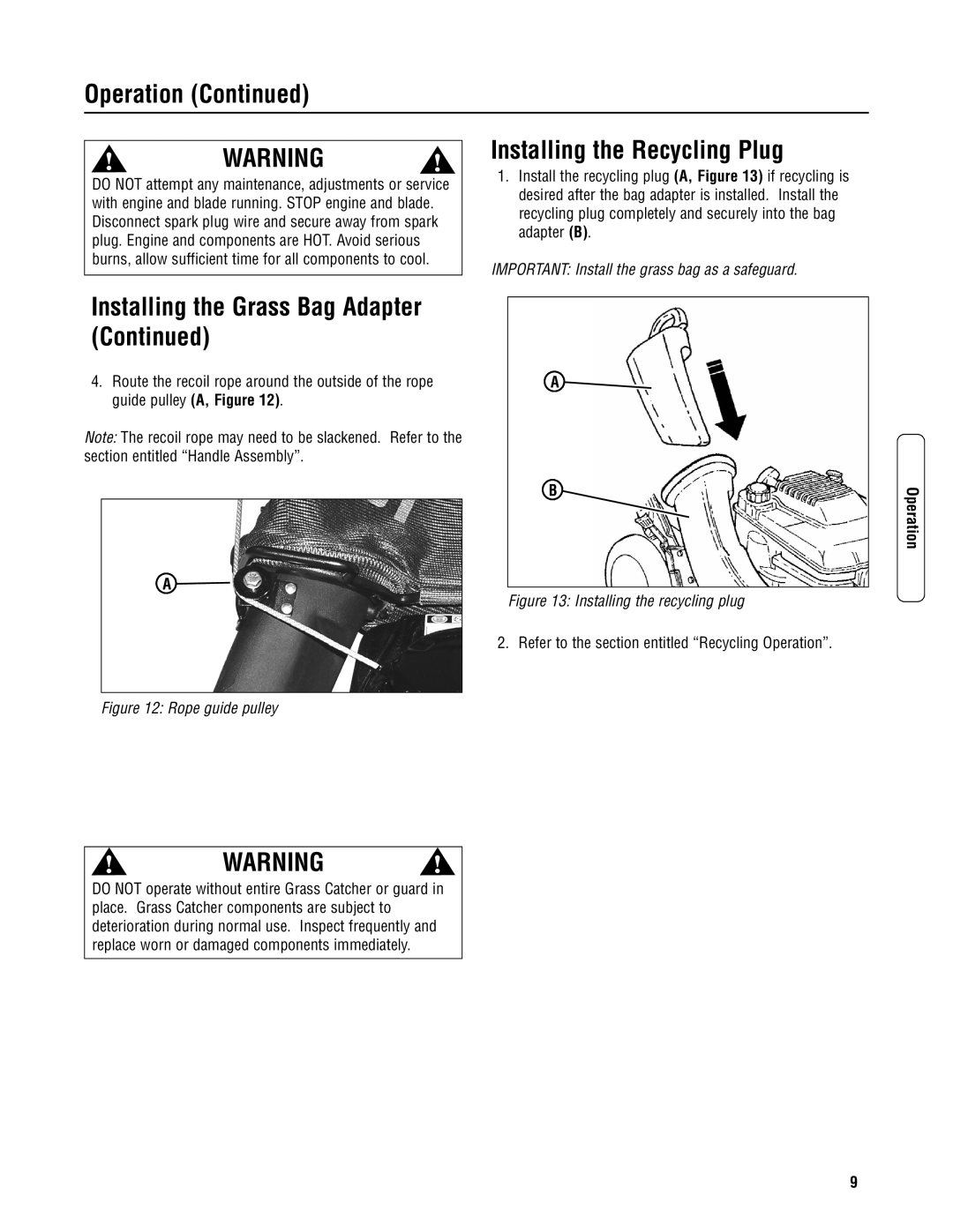 Snapper CP215520HV specifications Installing the Recycling Plug, Installing the recycling plug 