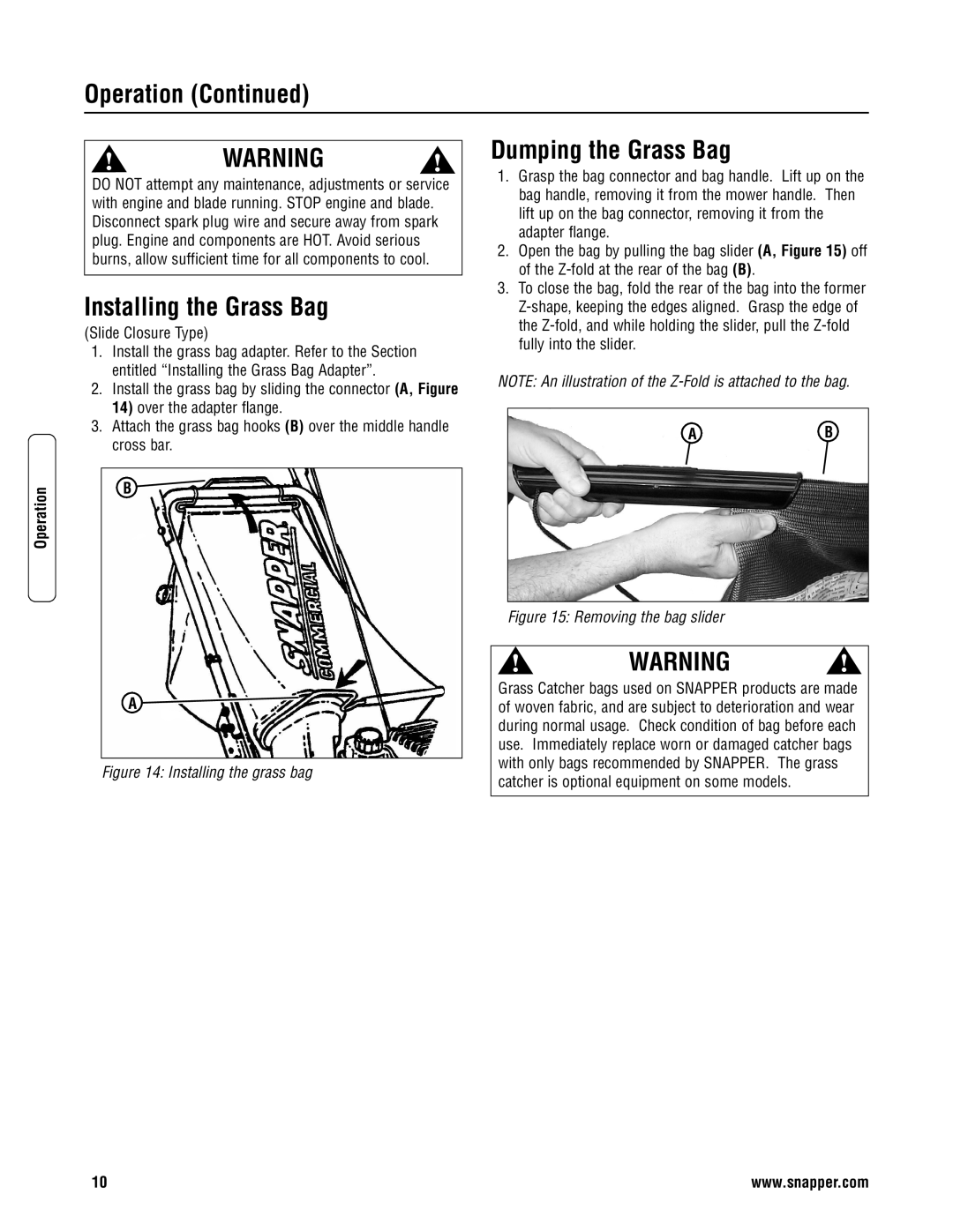 Snapper CP215520HV specifications Installing the Grass Bag, Dumping the Grass Bag 