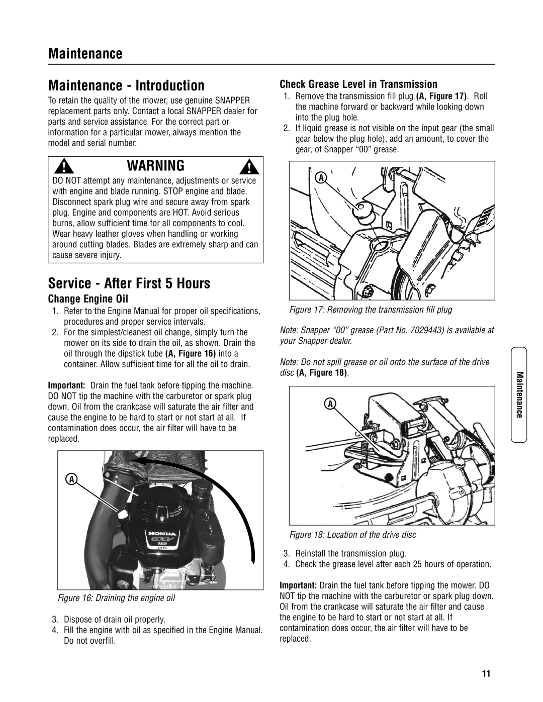 Snapper CP215520HV Maintenance Maintenance Introduction, Service After First 5 Hours, Check Grease Level in Transmission 