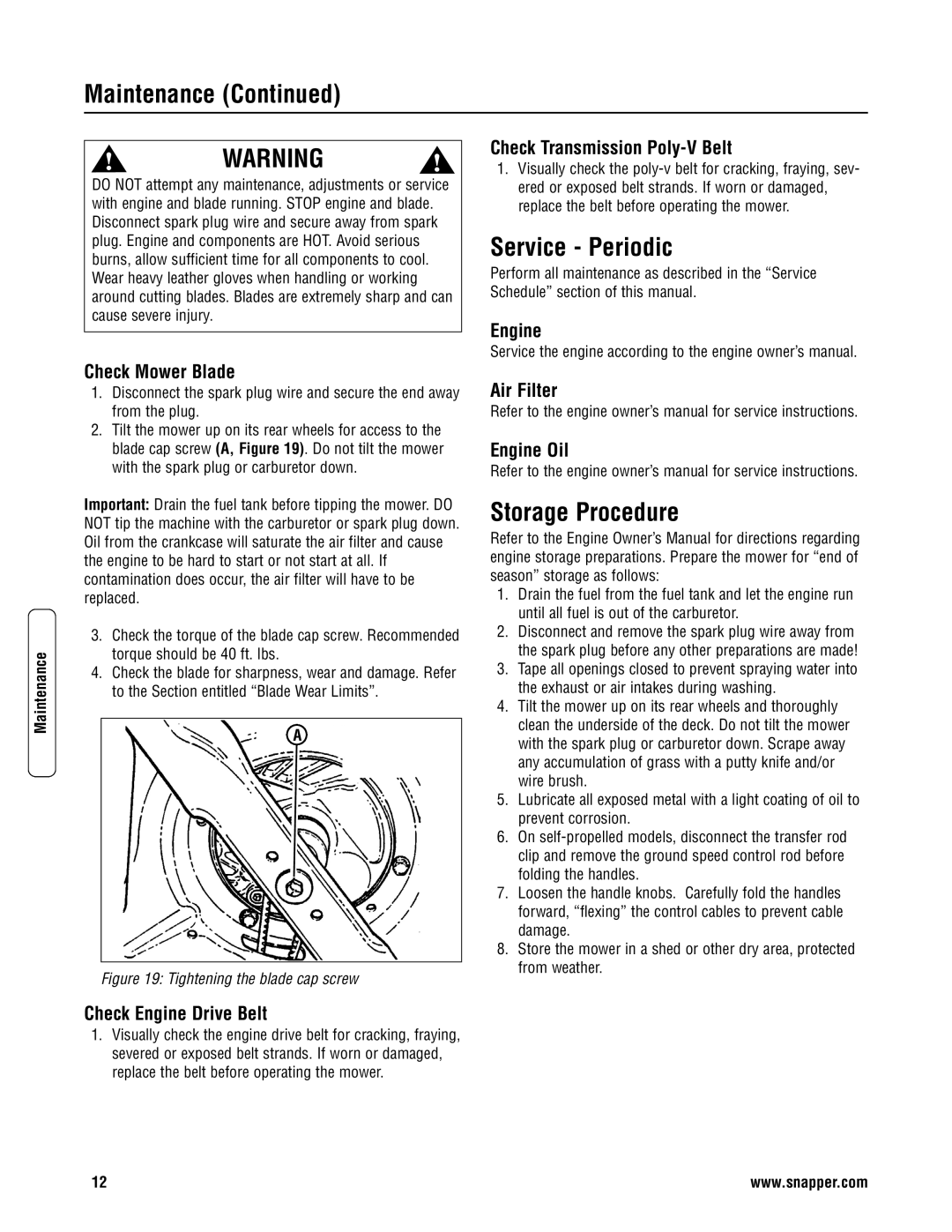 Snapper CP215520HV specifications Maintenance, Service Periodic, Storage Procedure 