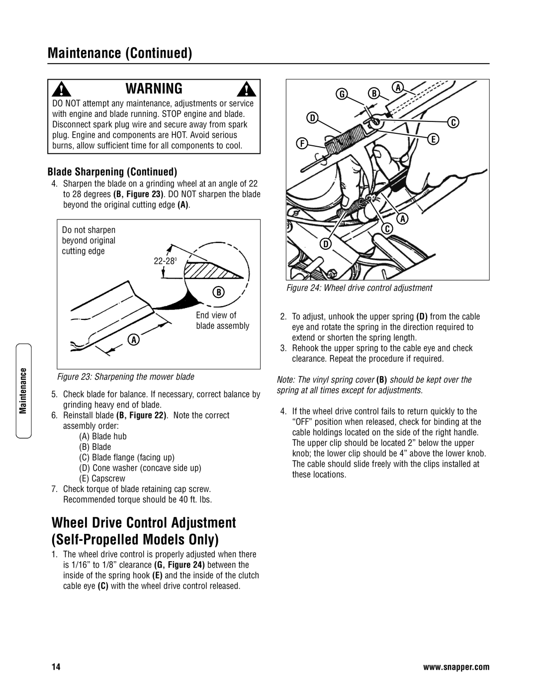 Snapper CP215520HV specifications Wheel Drive Control Adjustment Self-Propelled Models Only 