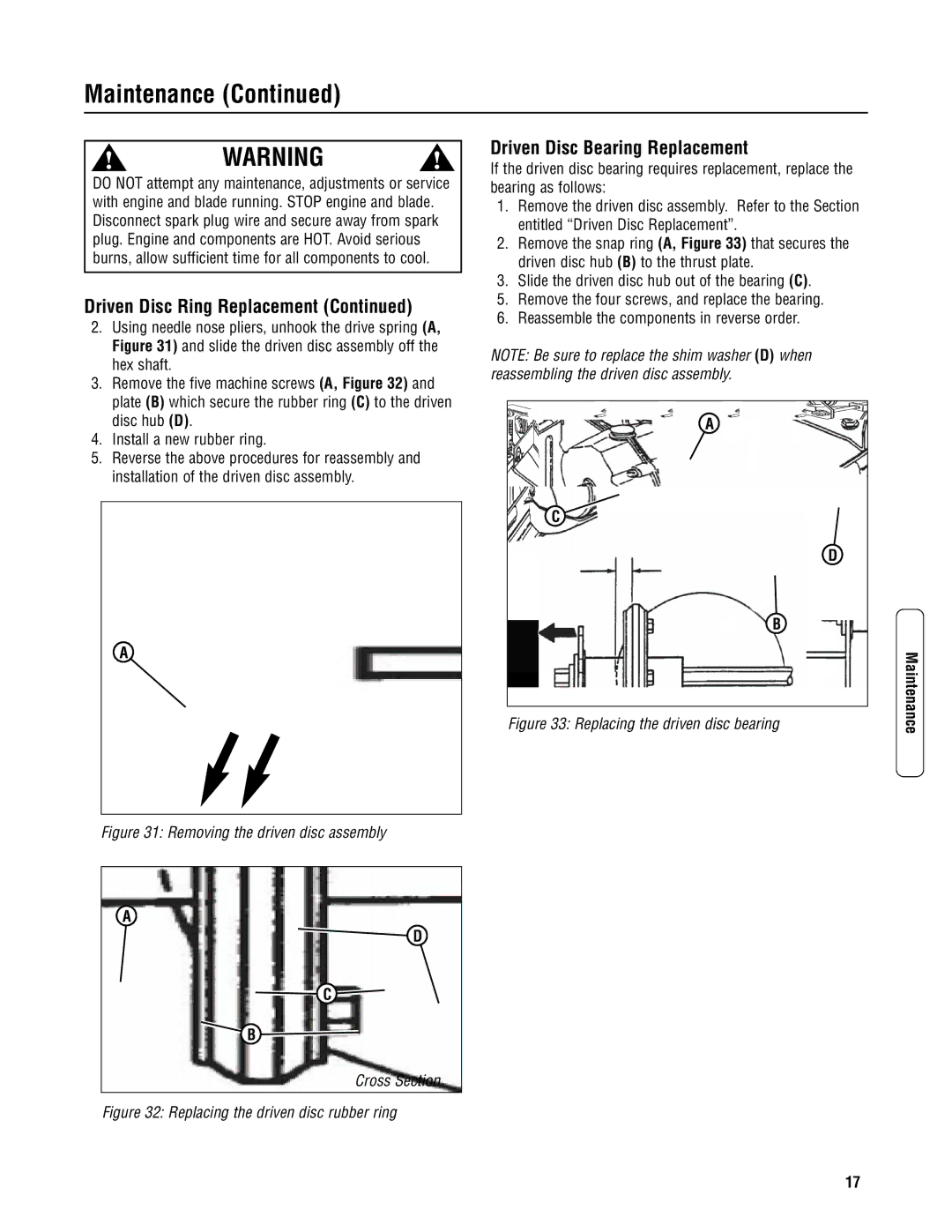 Snapper CP215520HV specifications Driven Disc Bearing Replacement, Replacing the driven disc bearing 