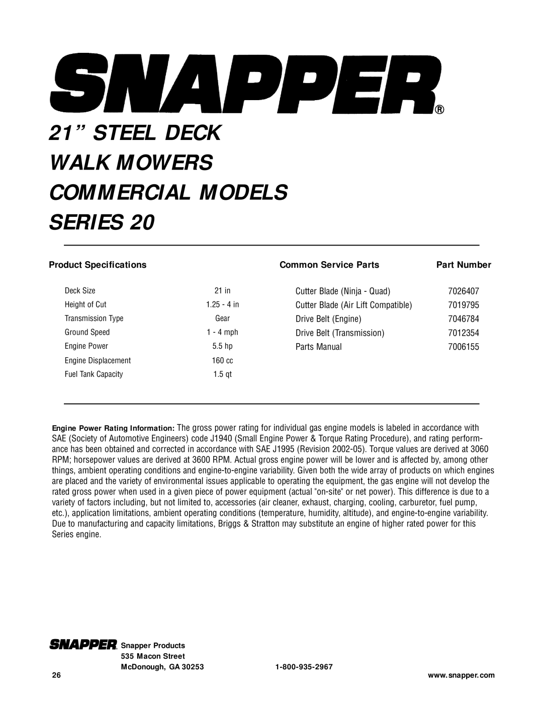 Snapper CP215520HV specifications Product Specifications Common Service Parts, Part Number 