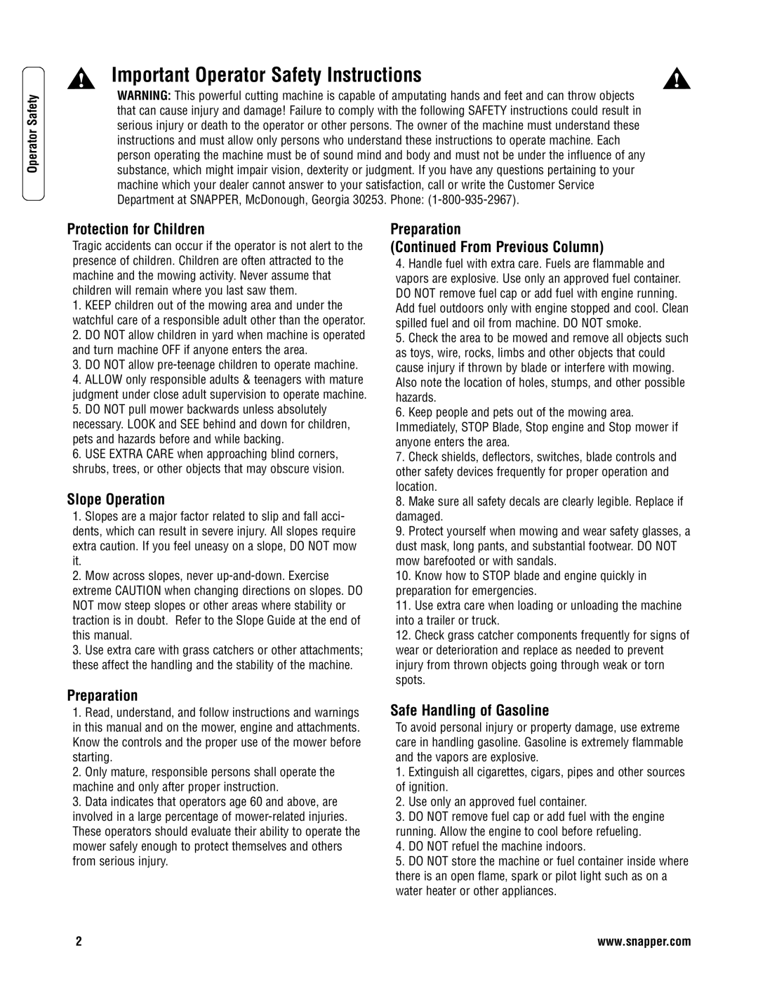 Snapper CP215520HV specifications Protection for Children, Slope Operation, Preparation From Previous Column 