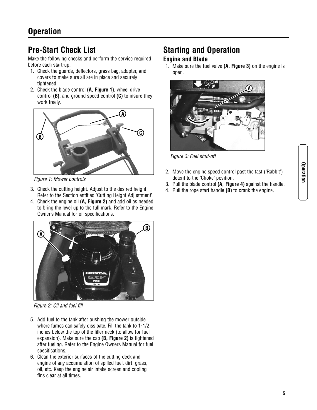 Snapper CP215520HV specifications Operation Pre-Start Check List, Starting and Operation, Engine and Blade 