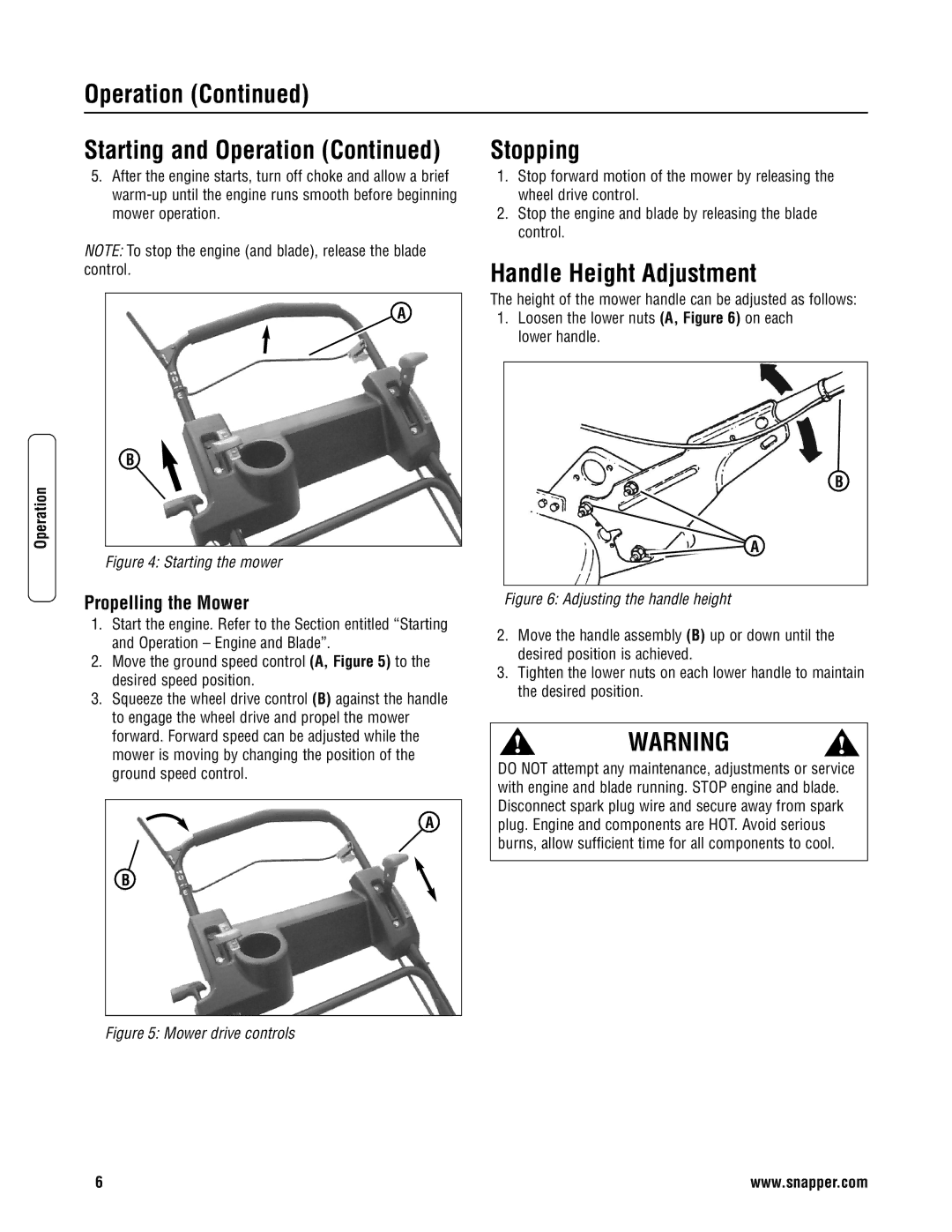 Snapper CP215520HV specifications Operation, Handle Height Adjustment, Propelling the Mower 