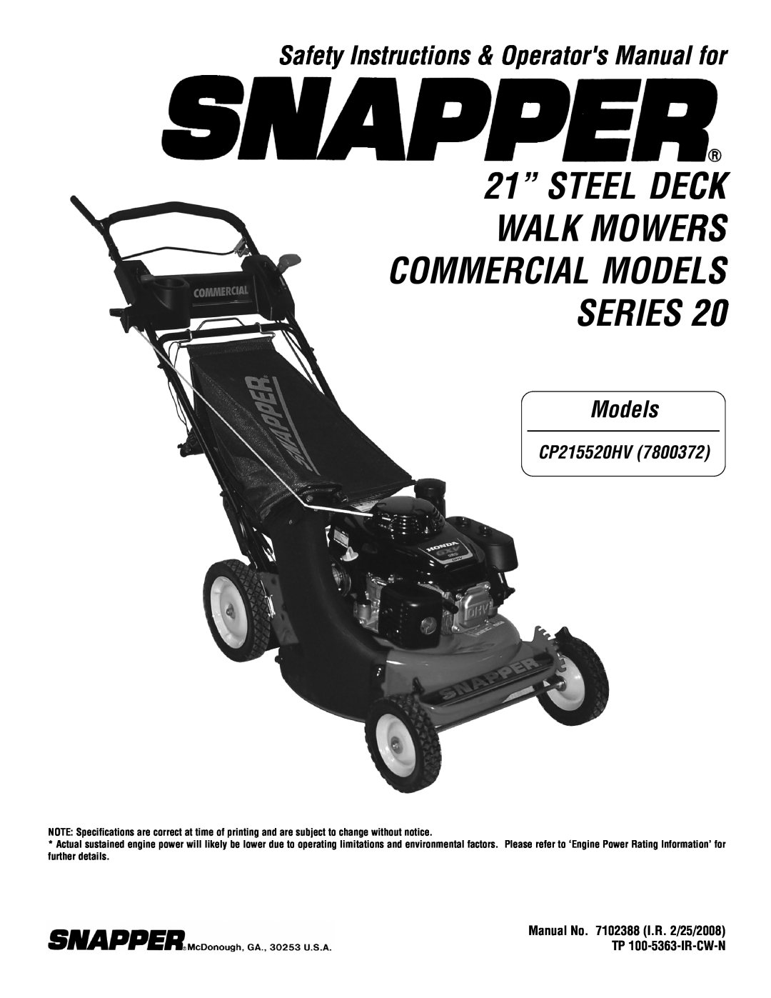 Snapper CP215520HV specifications 21” STEEL DECK WALK MOWERS COMMERCIAL MODELS SERIES, Models 