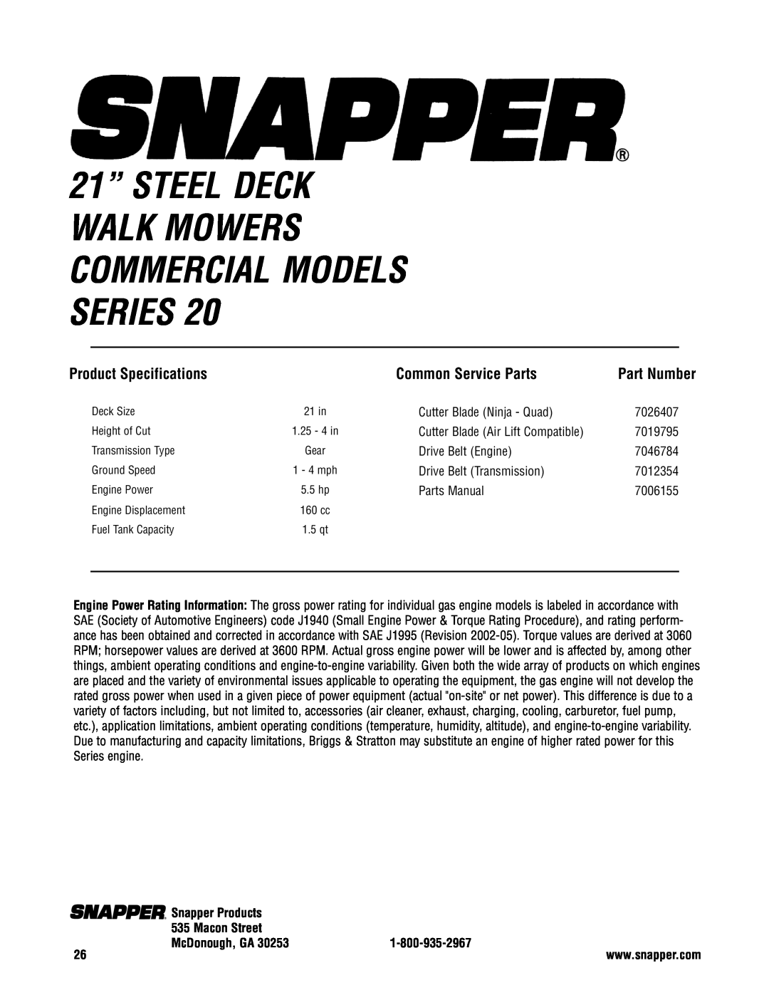 Snapper CP215520HV Product Specifications, Common Service Parts, 21” STEEL DECK WALK MOWERS COMMERCIAL MODELS SERIES 