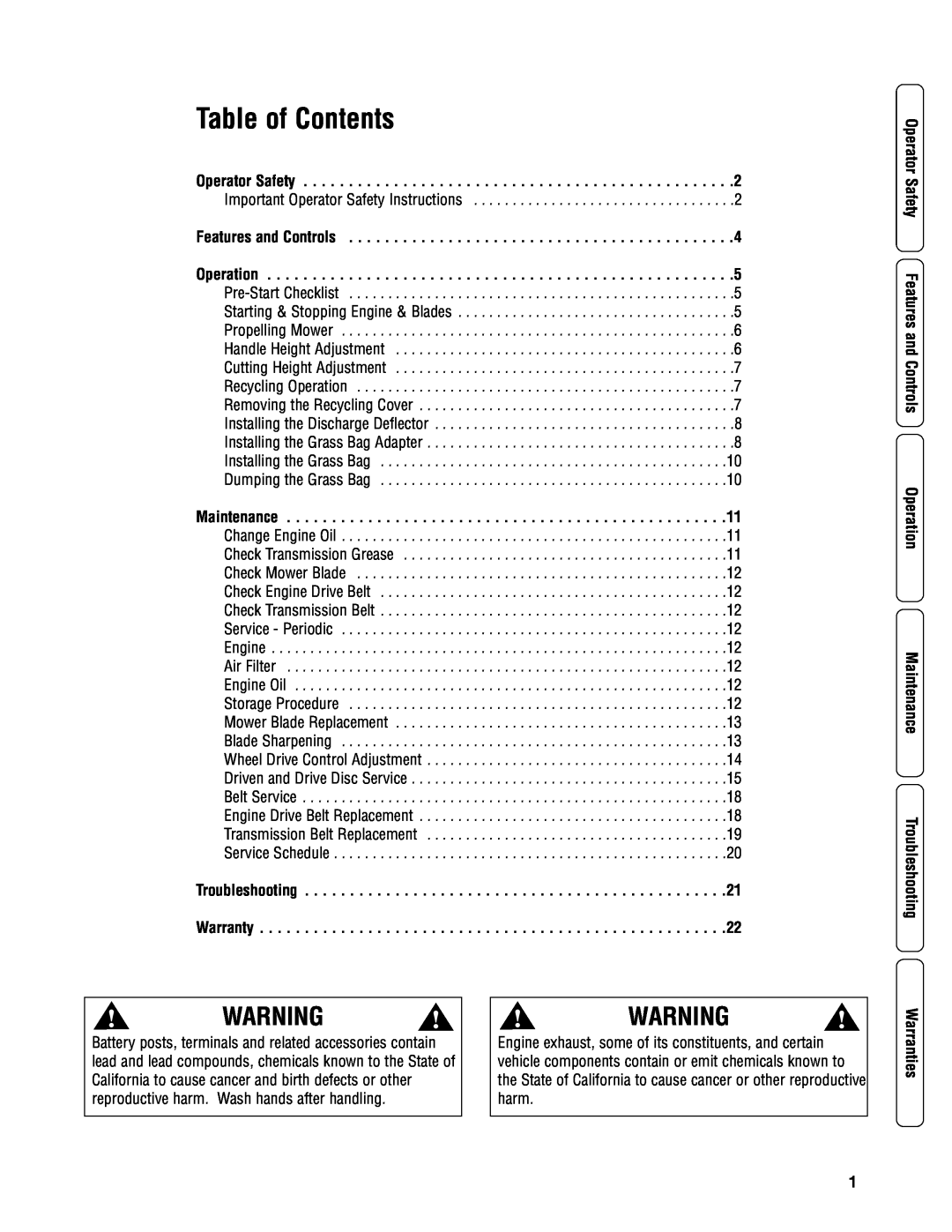 Snapper CP215520HV Table of Contents, Operator Safety, Features and Controls Operation, Maintenance, Troubleshooting 