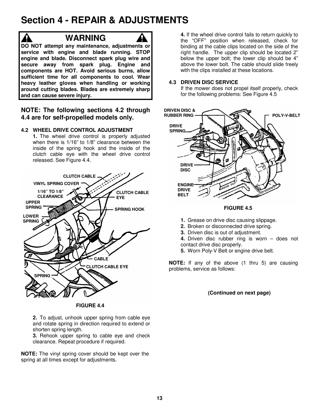 Snapper CP214012R2, CP216012RV, CP216512RV, CP215512KWV Wheel Drive Control Adjustment, Driven Disc Service, On next 