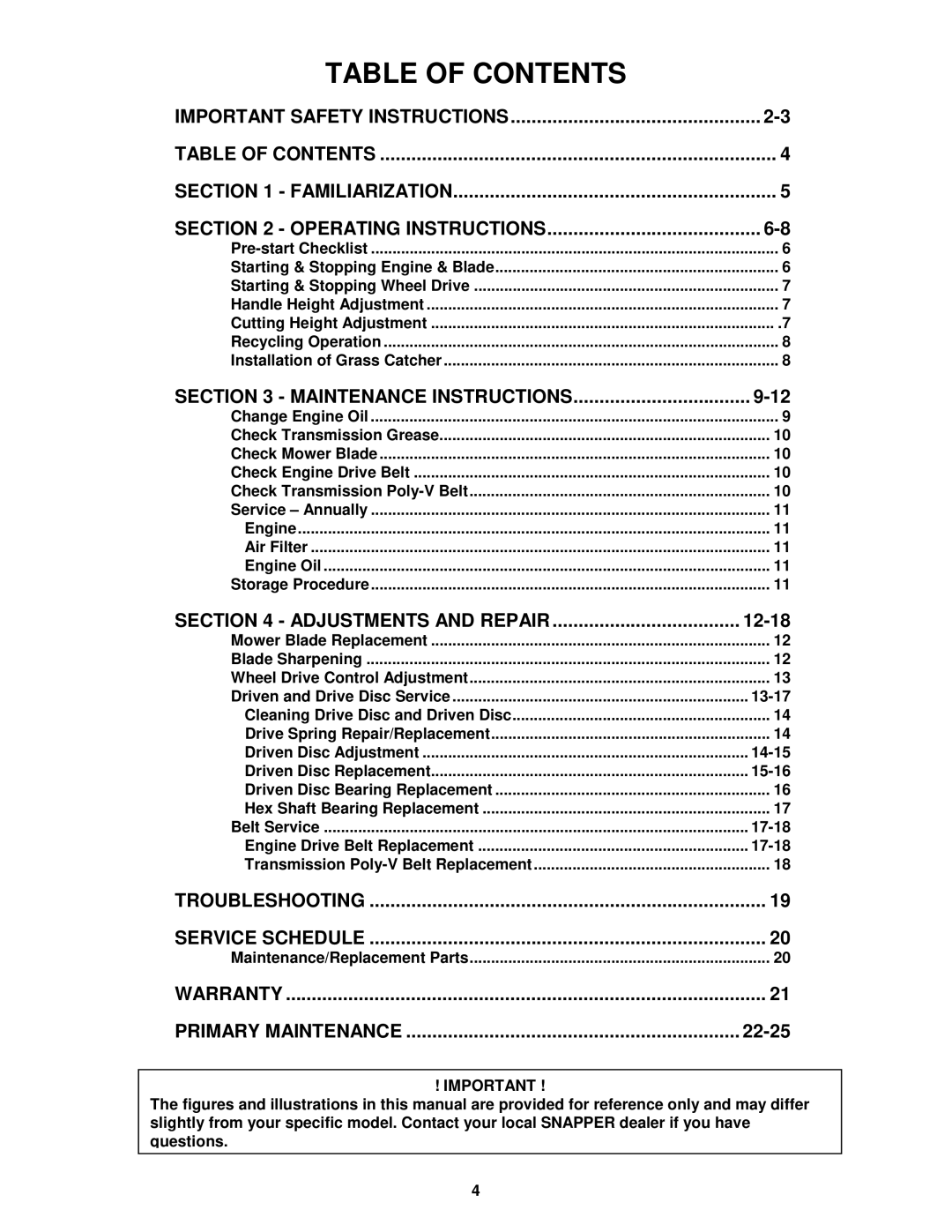 Snapper P215013KWV, CP216012RV, CP216512RV, CP215512KWV, CP214012R2 important safety instructions Table of Contents 