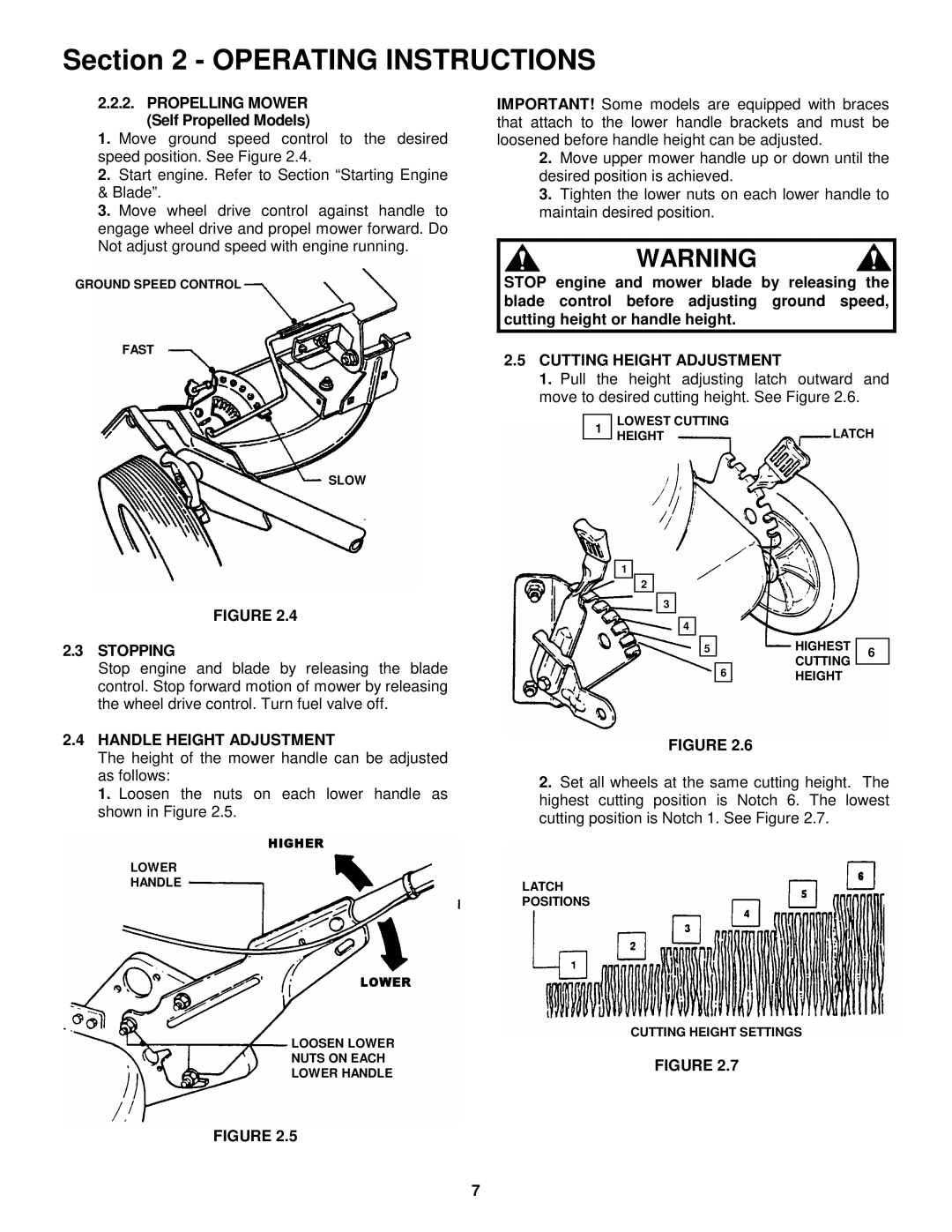 Snapper CP215512KWV, CP216012RV, CP216512RV, CP214012R2 Cutting Height Adjustment, Stopping, Handle Height Adjustment 