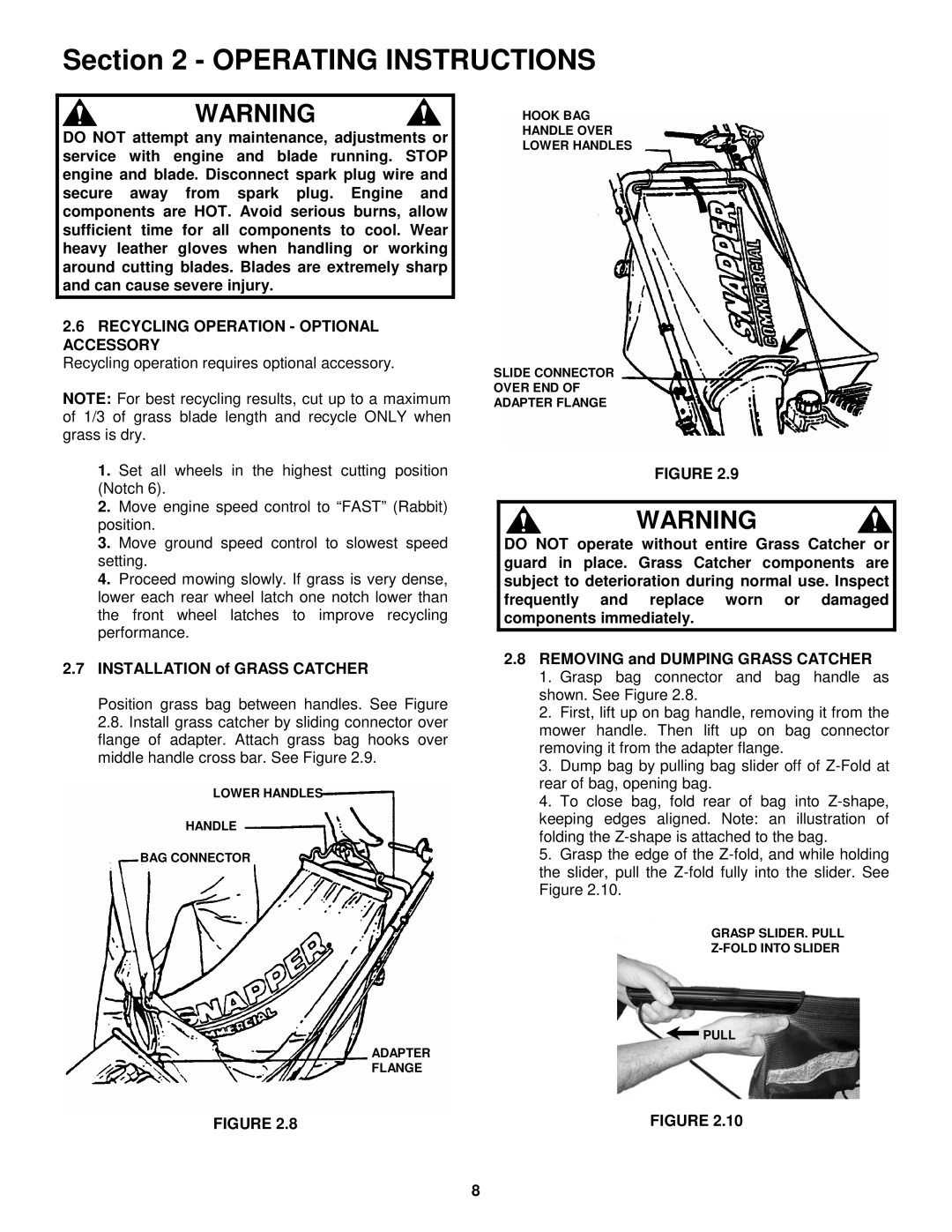 Snapper CP214012R2, CP216012RV, CP216512RV, P215013KWV Recycling Operation Optional Accessory, Installation of Grass Catcher 