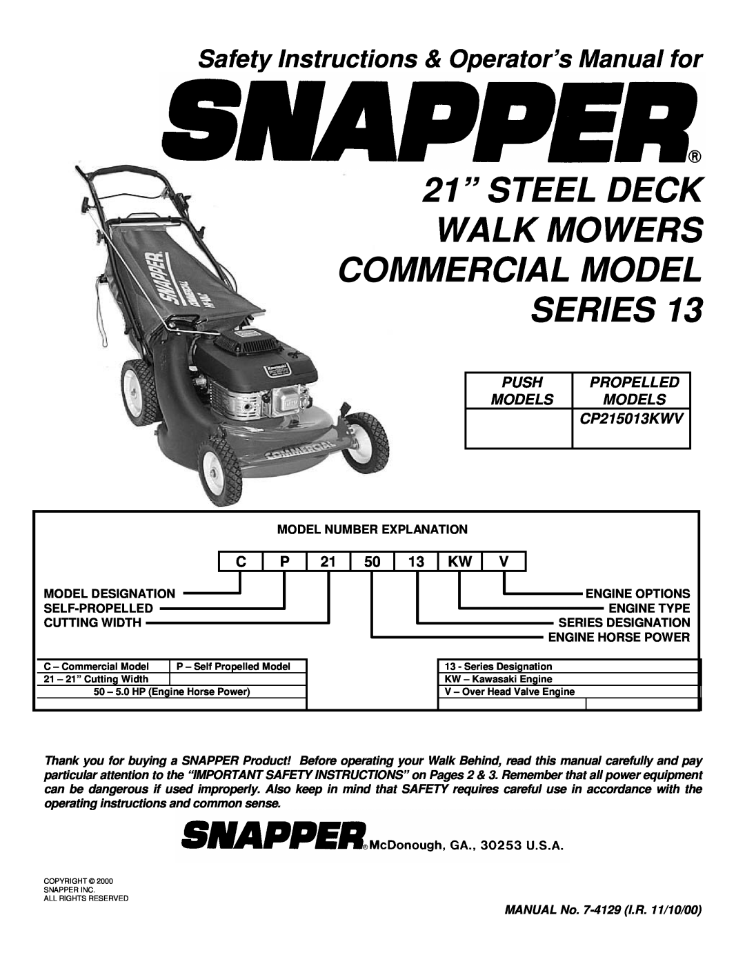 Snapper CP216512RV important safety instructions 21” STEEL DECK WALK MOWERS COMMERCIAL MODEL SERIES, Push, Propelled 
