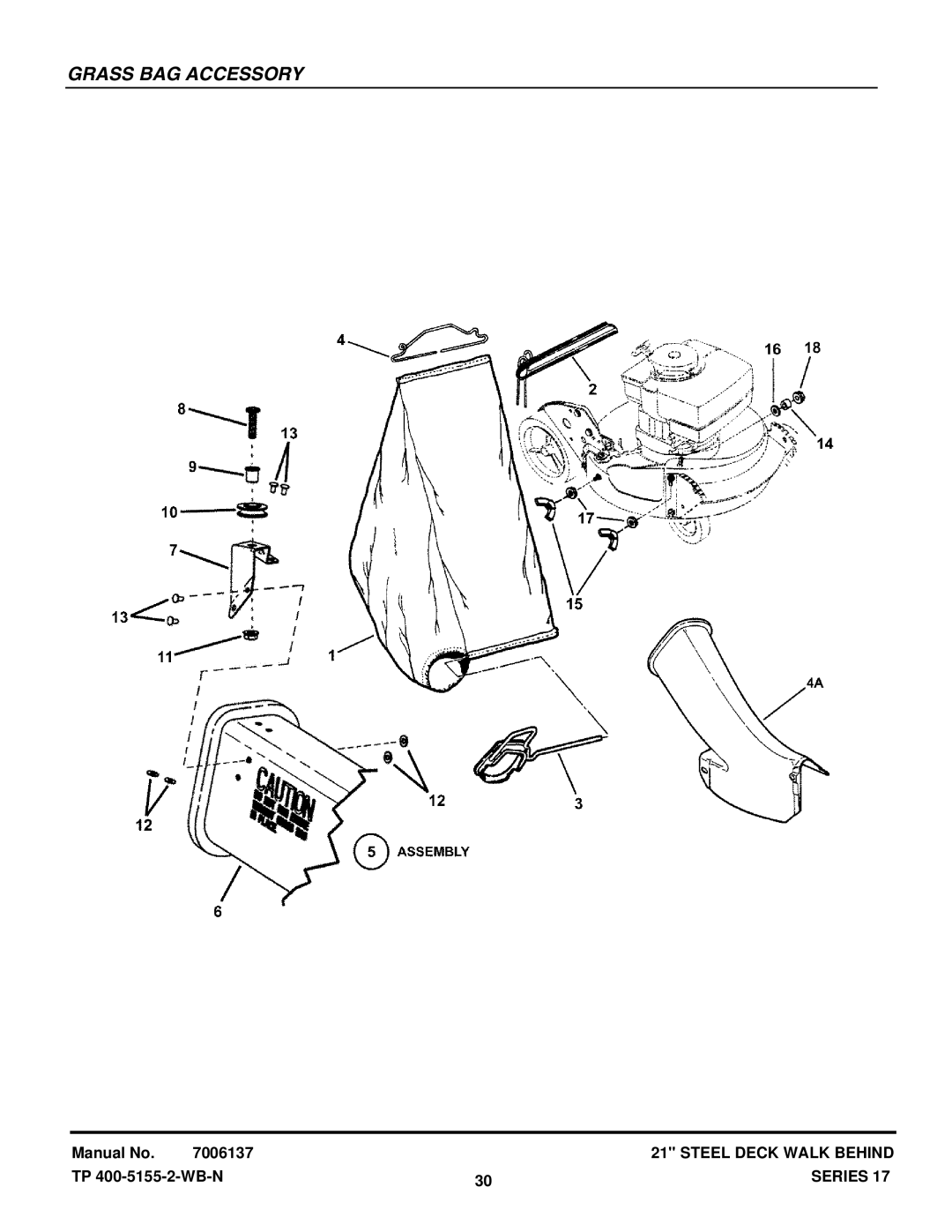 Snapper CP214017R2, CP216017RV, CP215017KWV, CP215017HV manual Grass BAG Accessory 