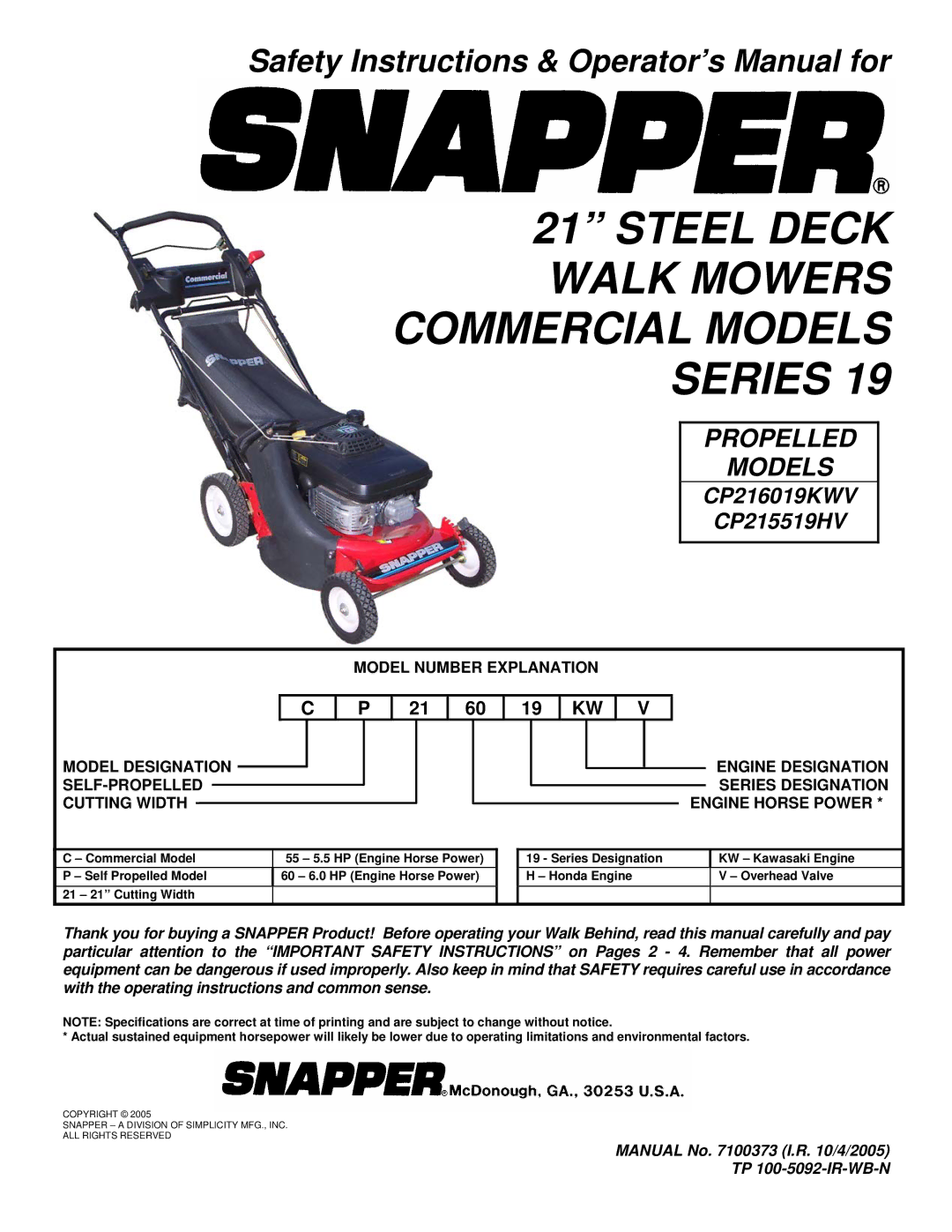 Snapper CP215019KW, CP215519HV important safety instructions Steel Deck Walk Mowers Commercial Models Series 