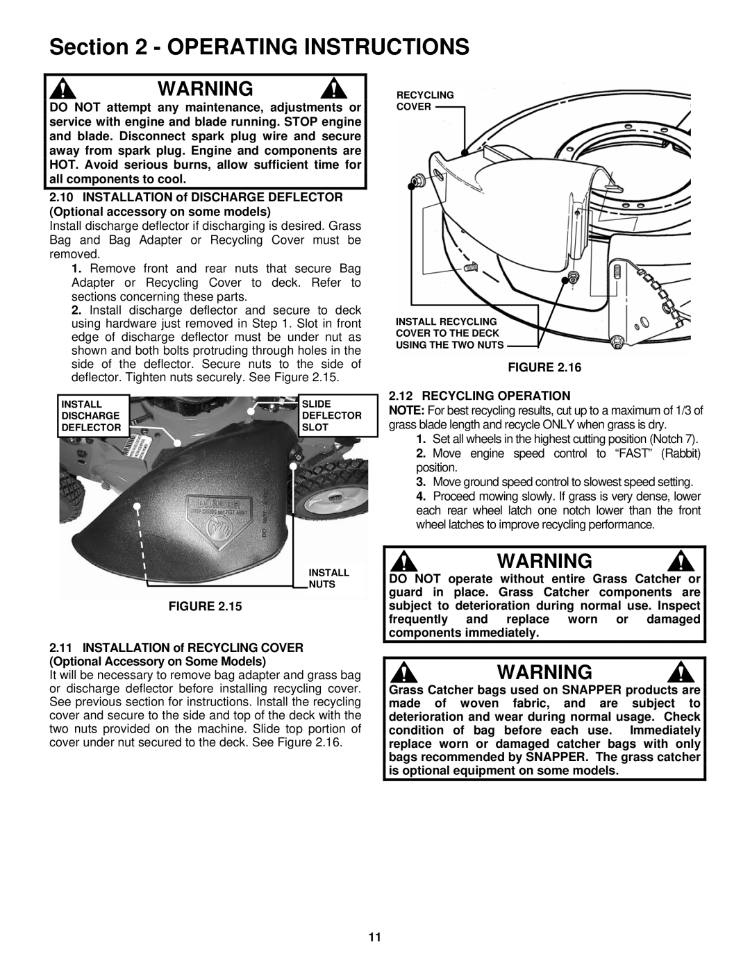 Snapper CP215019KW, CP215519HV, CP216019KWV, CP215519HV important safety instructions Recycling Operation 