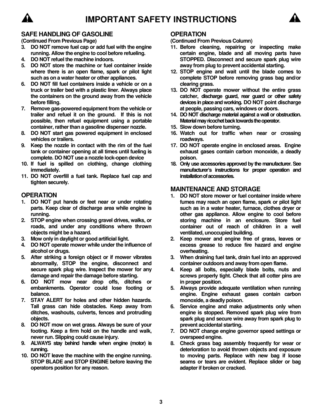 Snapper CP215019KW, CP215519HV, CP216019KWV, CP215519HV Do not refuel the machine indoors, From Previous Column 