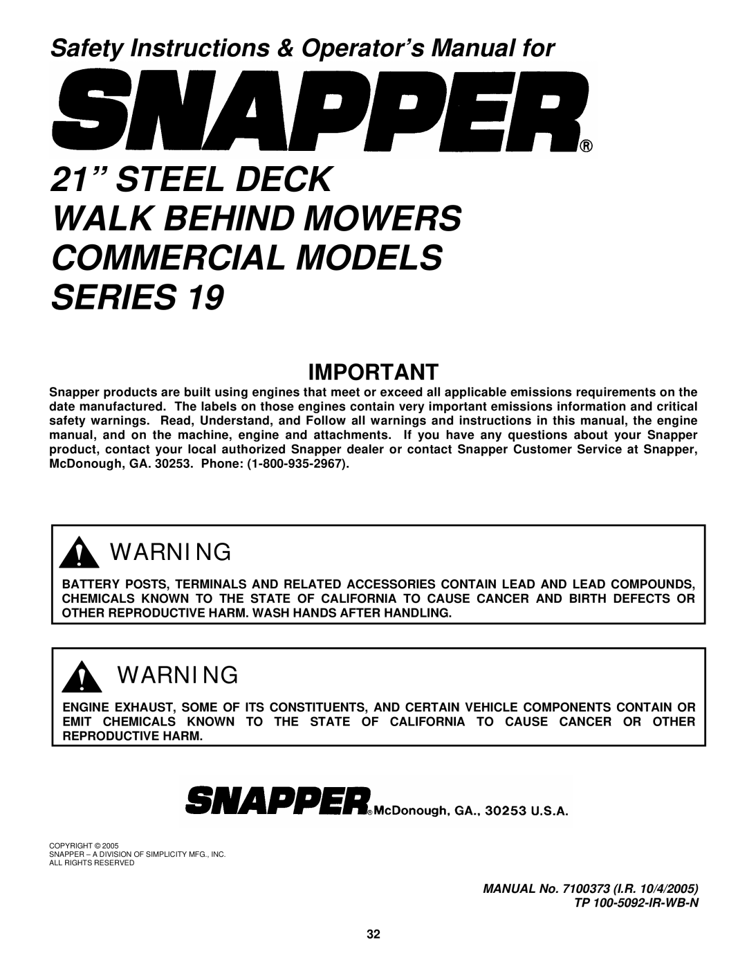 Snapper CP216019KWV, CP215519HV, CP215019KW, CP215519HV Steel Deck Walk Behind Mowers Commercial Models Series 