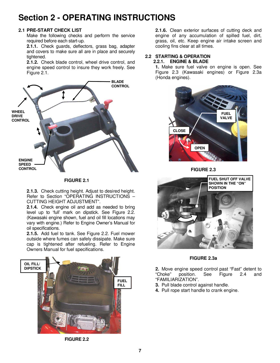 Snapper CP215019KW, CP215519HV, CP216019KWV, CP215519HV PRE-START Check List, Starting & Operation Engine & Blade 