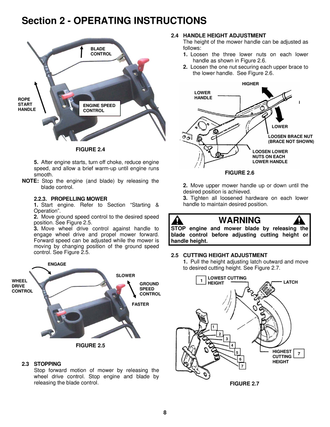 Snapper CP216019KWV, CP215519HV Propelling Mower, Handle Height Adjustment, Cutting Height Adjustment, Stopping 