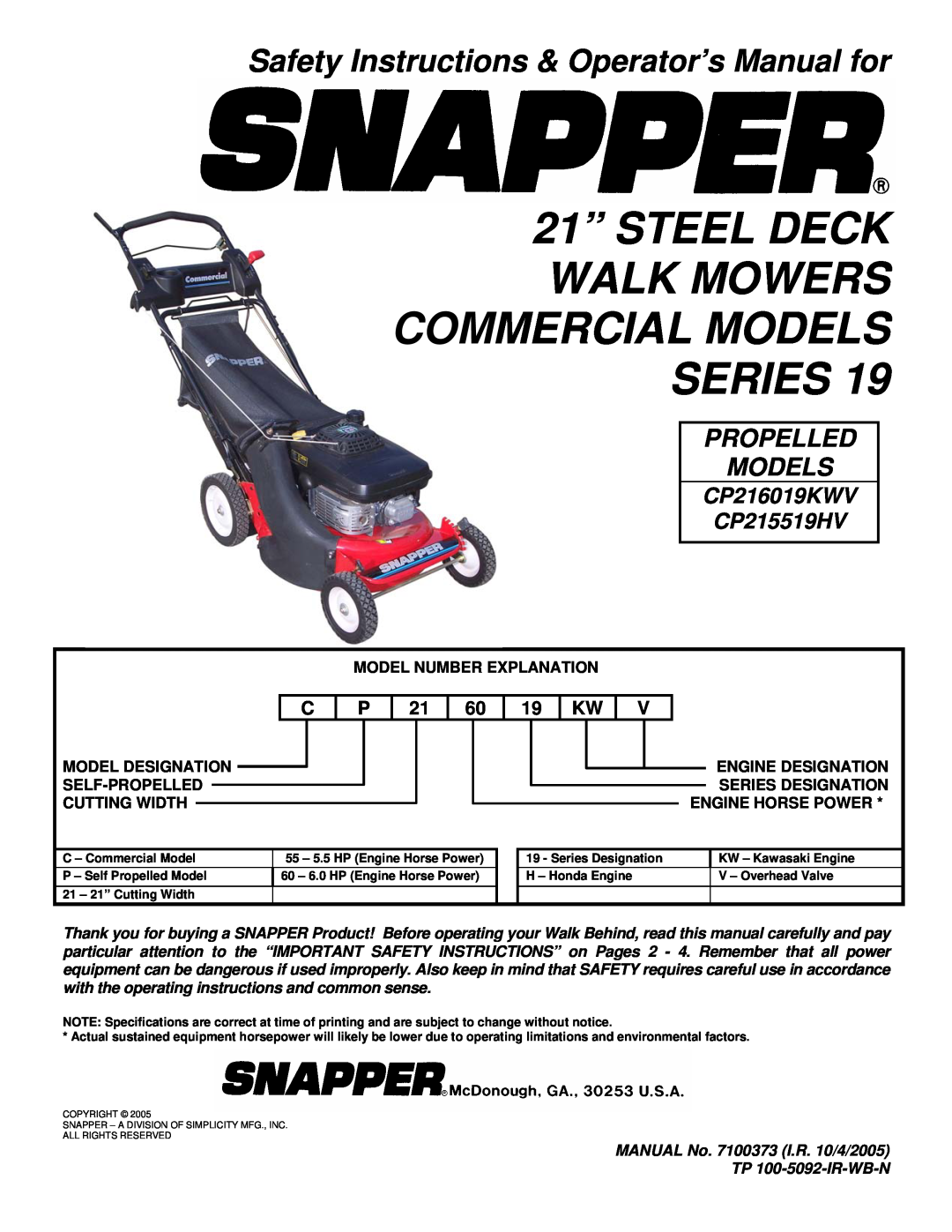 Snapper CP215019KW, CP215519HV important safety instructions 21” STEEL DECK WALK MOWERS COMMERCIAL MODELS SERIES 