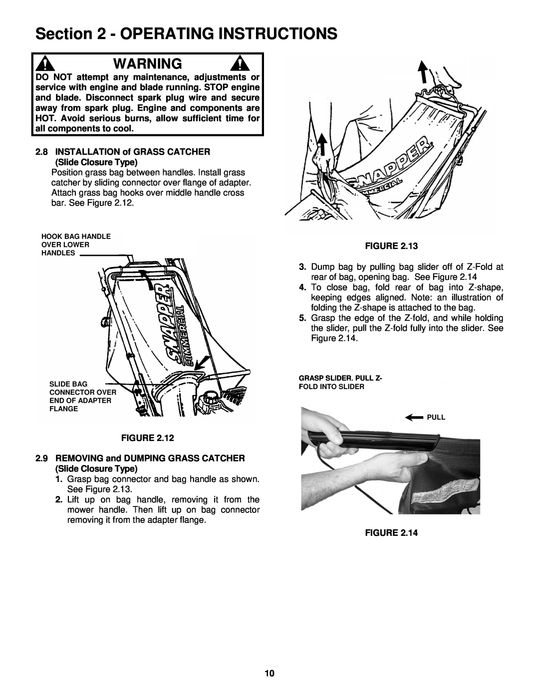 Snapper CP216019KWV, CP215519HV Operating Instructions, Grasp bag connector and bag handle as shown. See Figure 