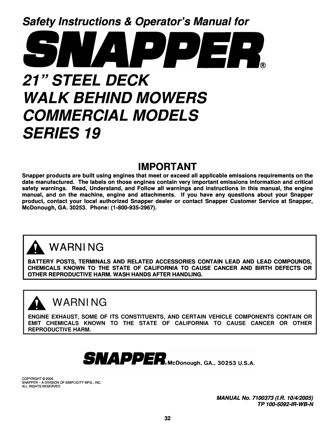 Snapper CP216019KWV, CP215519HV, CP215019KW, CP215519HV 21” STEEL DECK WALK BEHIND MOWERS COMMERCIAL MODELS SERIES 