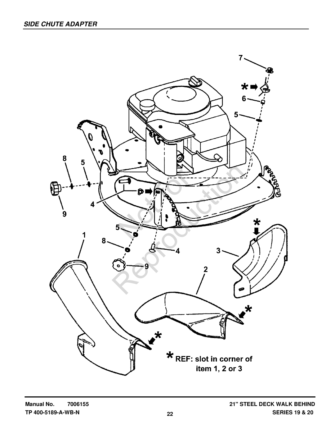 Snapper CP216019KWV (7800037), CP215519HV manual Side Chute Adapter 