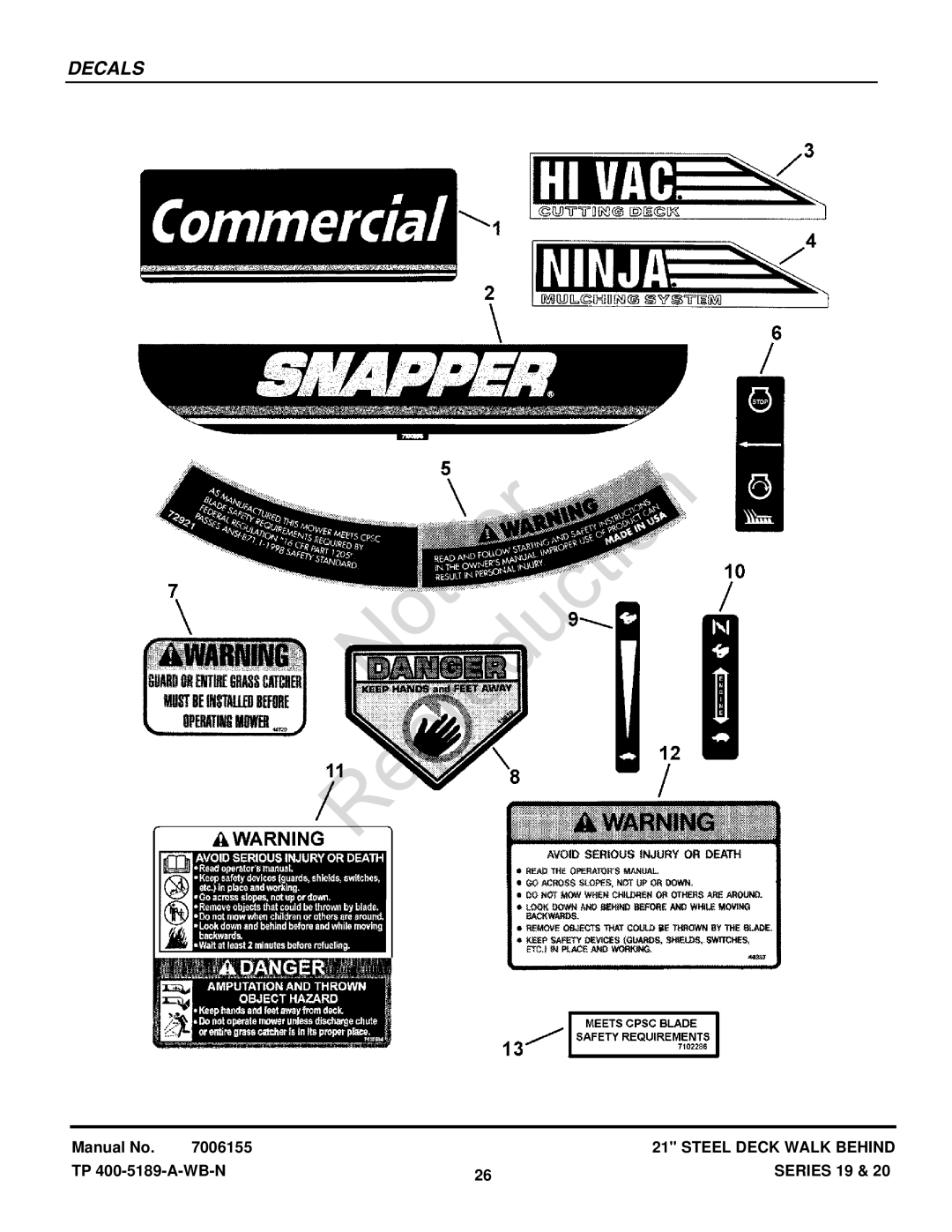 Snapper CP215519HV, CP216019KWV (7800037) manual Decals 