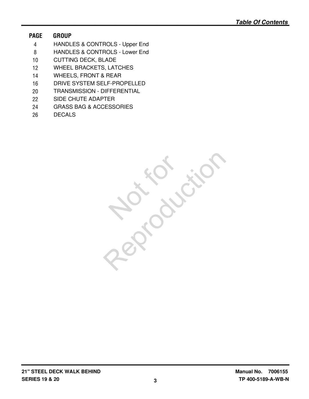 Snapper CP216019KWV (7800037), CP215519HV manual Table Of Contents 