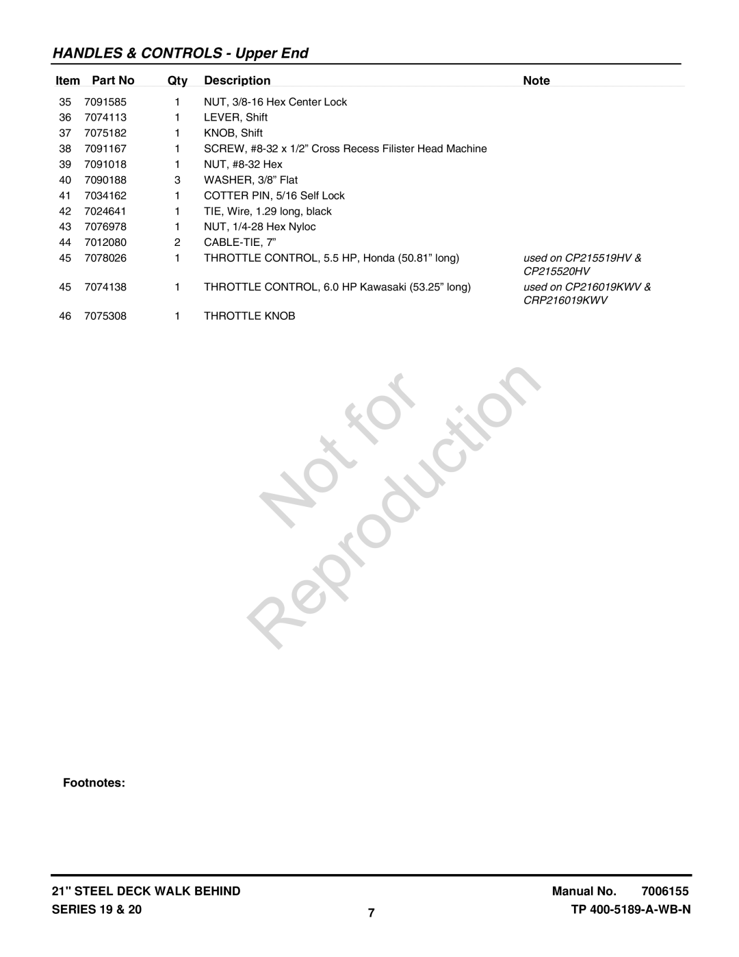 Snapper CP216019KWV (7800037) manual Used on CP215519HV 