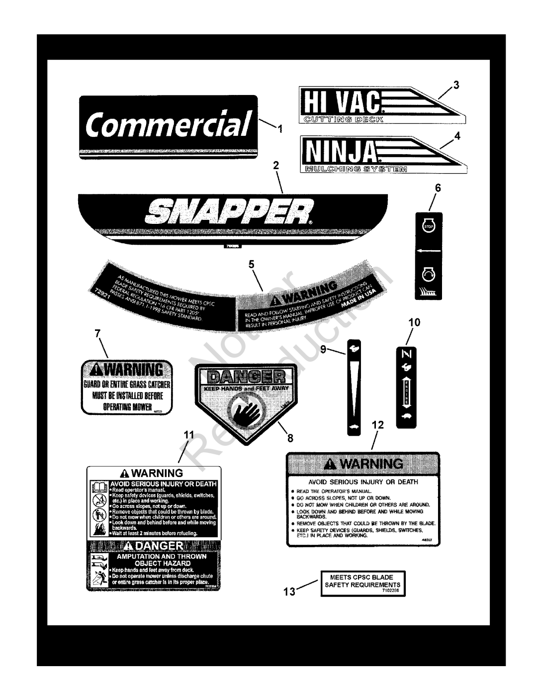 Snapper CP215519HV manual Decals, Reproduction, Manual No, 7006155, Steel Deck Walk Behind, TP 400-5189-A-WB-N, Series 