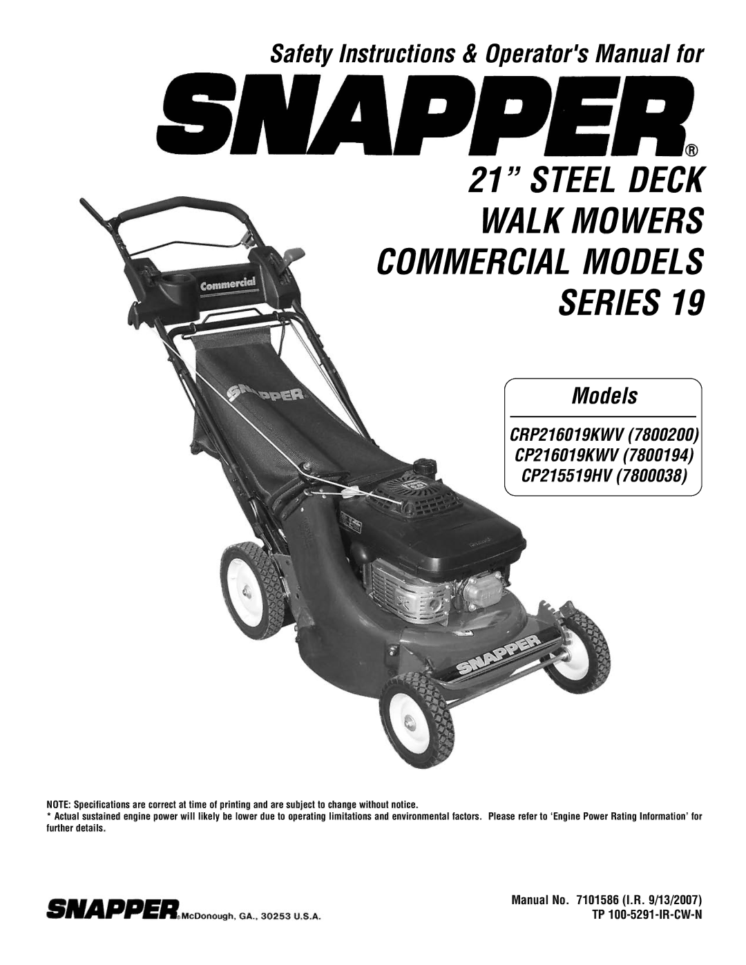 Snapper CRP216019KWV, CP216019KWV, CP215519HV specifications Steel Deck Walk Mowers Commercial Models Series 