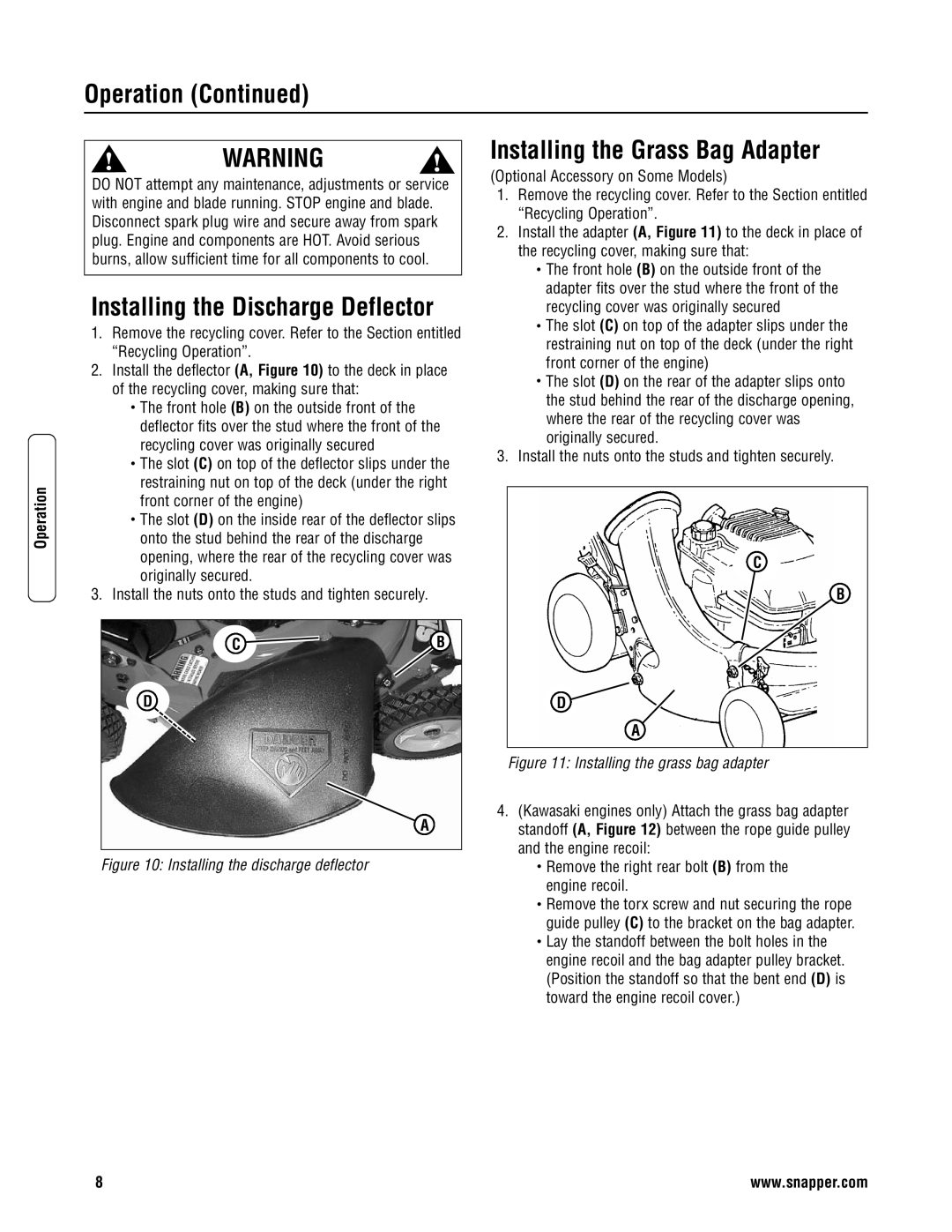 Snapper CP216019KWV, CRP216019KWV, CP215519HV Installing the Discharge Deflector, Installing the Grass Bag Adapter 