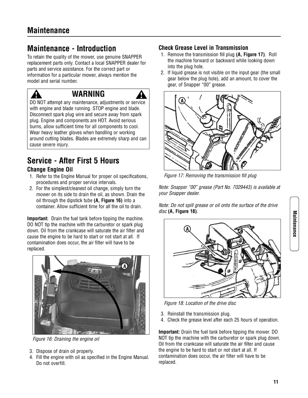 Snapper CRP216019KWV, CP216019KWV, CP215519HV Maintenance Maintenance Introduction, Service After First 5 Hours 