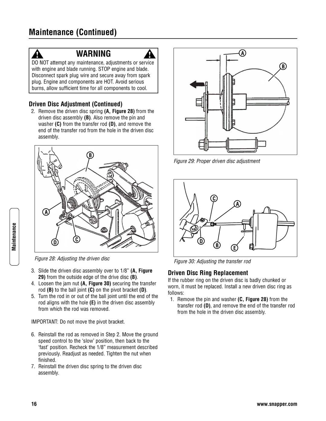 Snapper CP216019KWV, CRP216019KWV, CP215519HV specifications Driven Disc Ring Replacement, Proper driven disc adjustment 