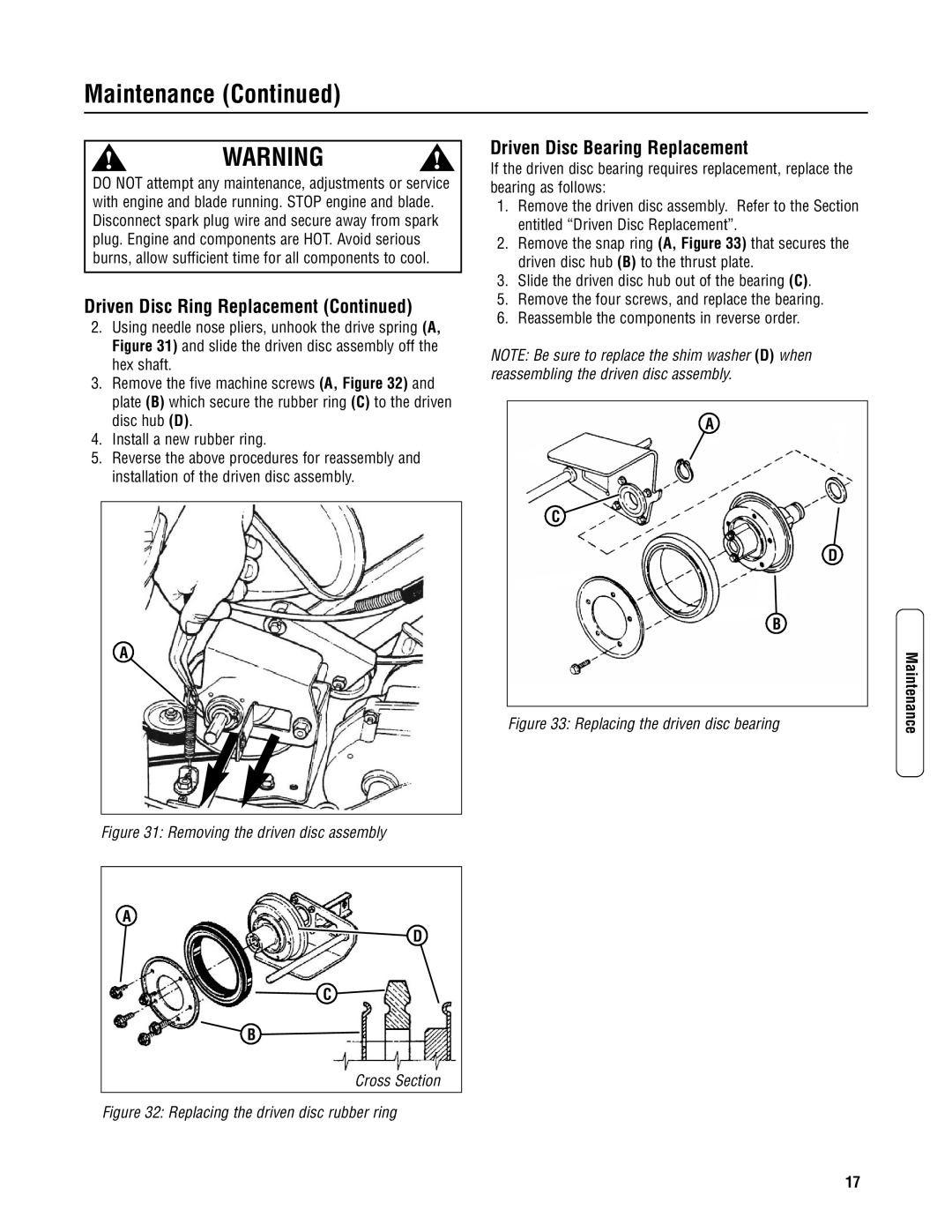 Snapper CRP216019KWV, CP216019KWV, CP215519HV Driven Disc Bearing Replacement, Replacing the driven disc bearing 