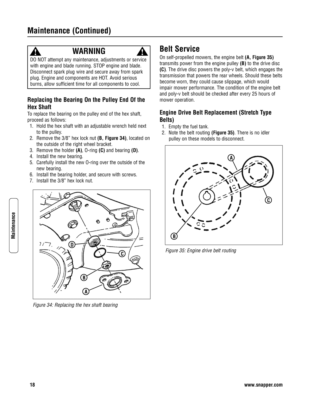 Snapper CP216019KWV, CRP216019KWV, CP215519HV Belt Service, Replacing the Bearing On the Pulley End Of the Hex Shaft 