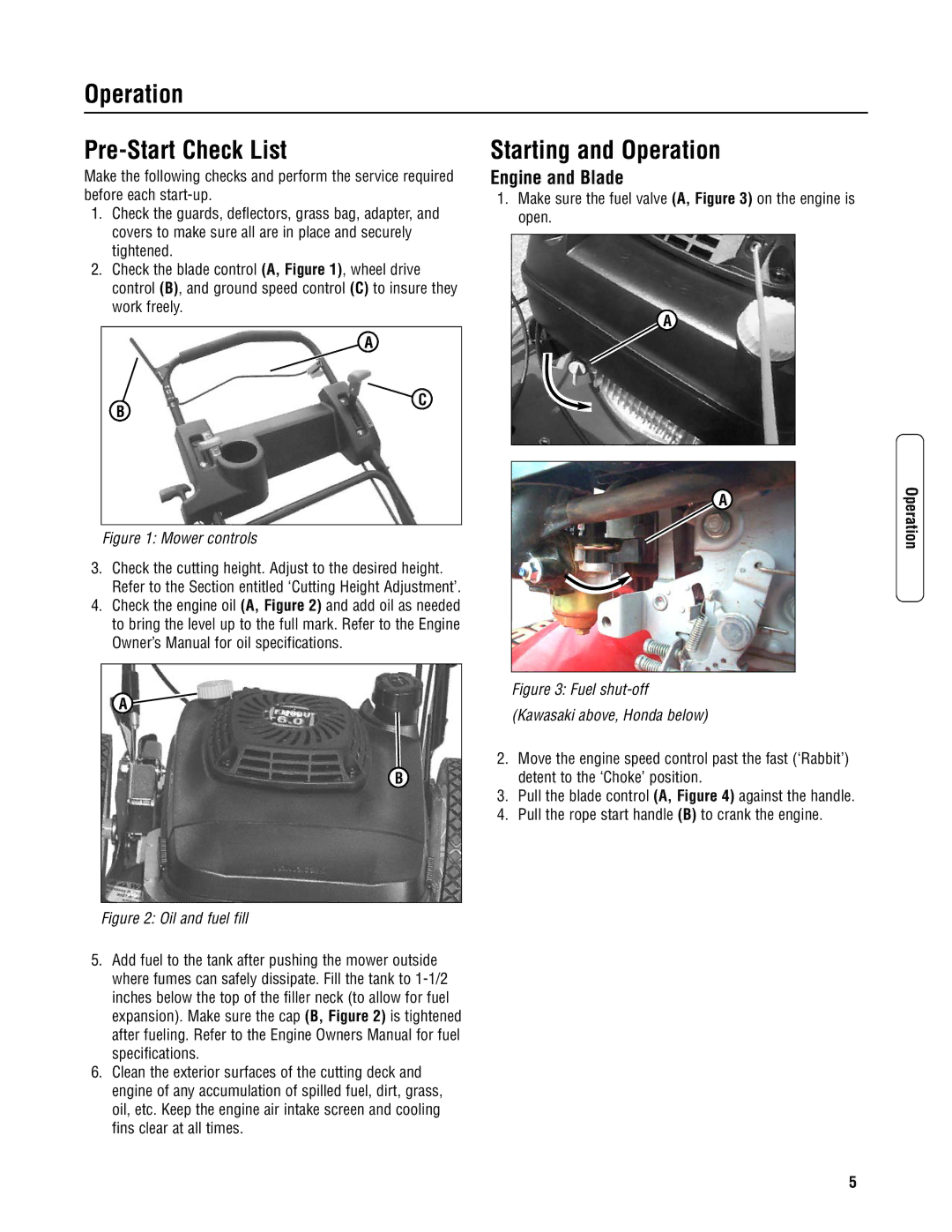 Snapper CRP216019KWV, CP216019KWV, CP215519HV specifications Operation Pre-Start Check List, Engine and Blade 