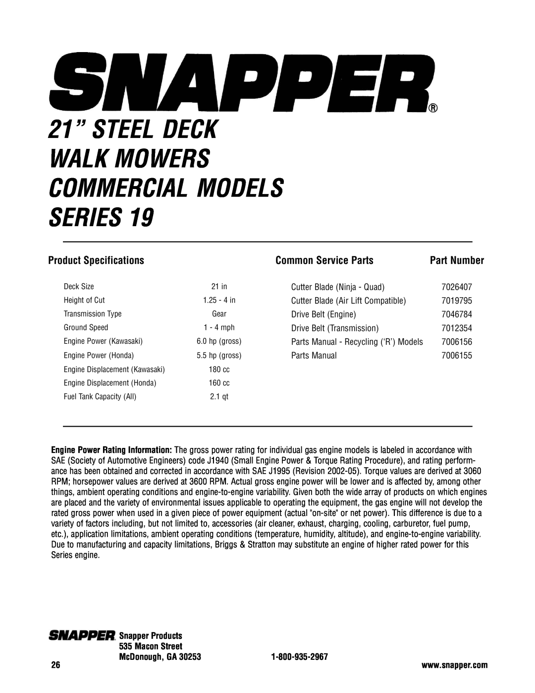 Snapper CP216019KWV, CRP216019KWV, CP215519HV Product Specifications, Common Service Parts, Part Number, Snapper Products 