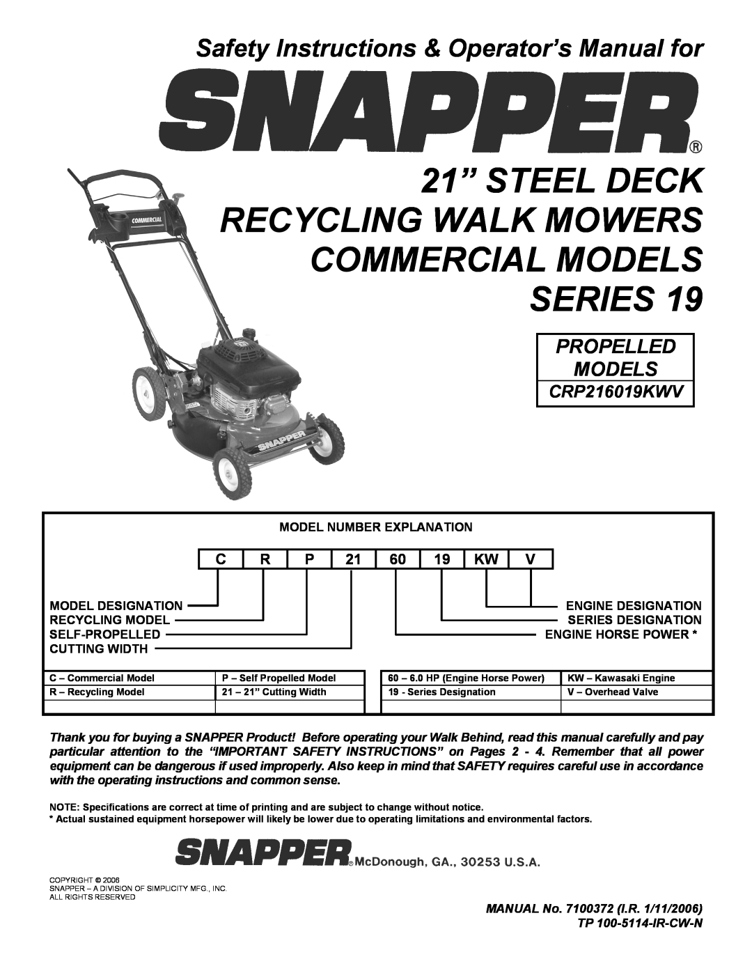 Snapper CRP216019KWV important safety instructions 21” STEEL DECK RECYCLING WALK MOWERS COMMERCIAL MODELS SERIES 