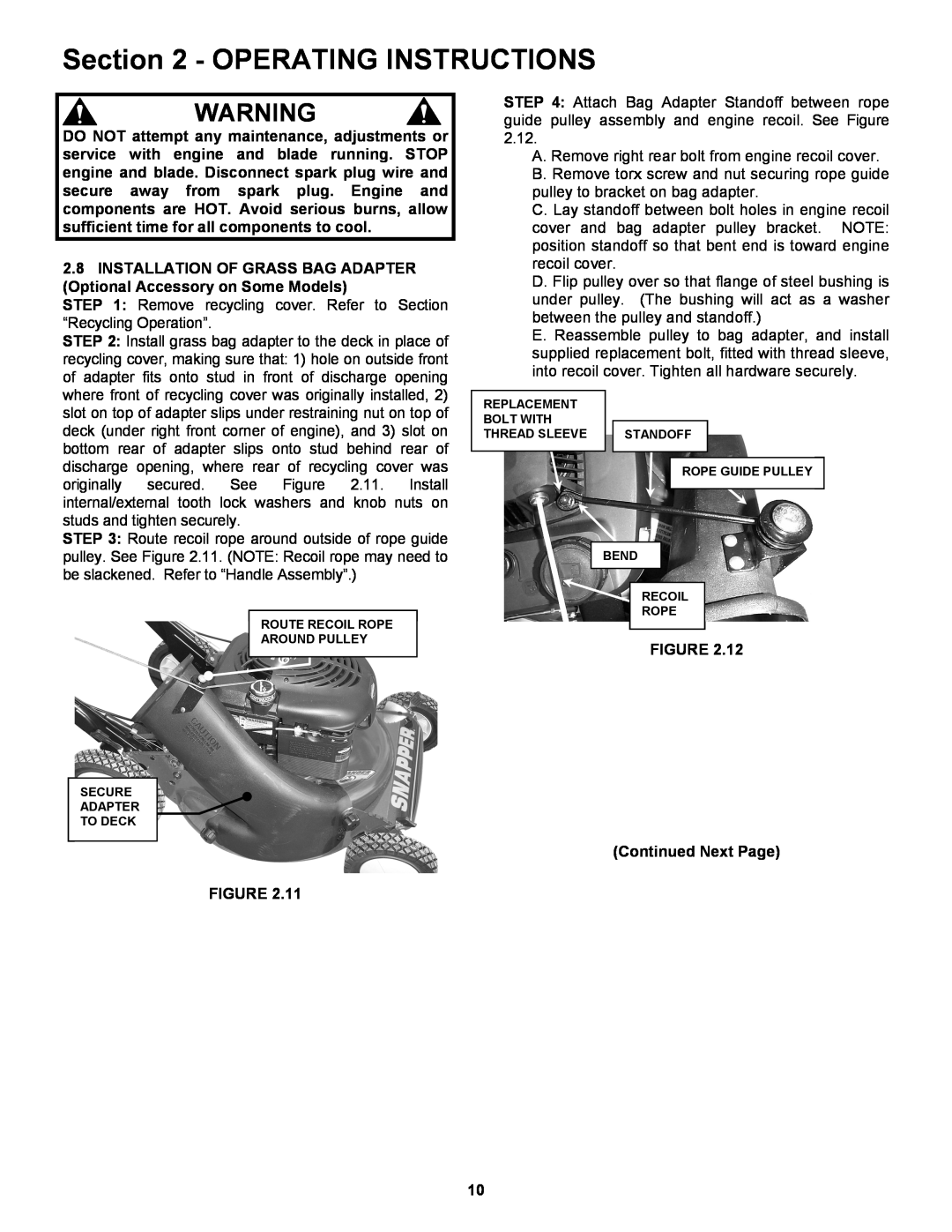 Snapper CRP216019KWV Operating Instructions, Route Recoil Rope Around Pulley Secure Adapter To Deck, Replacement, Standoff 