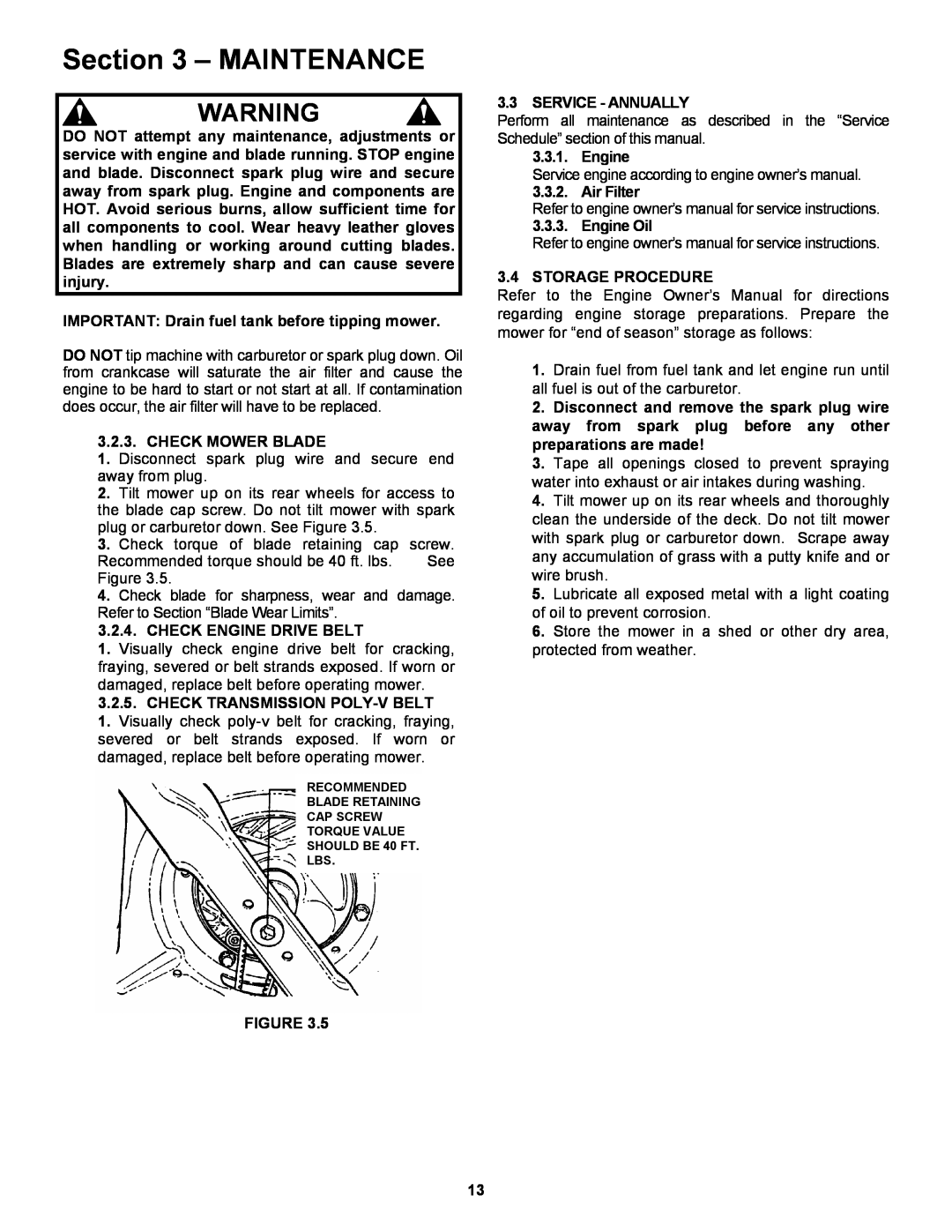 Snapper CRP216019KWV important safety instructions Maintenance, IMPORTANT Drain fuel tank before tipping mower 