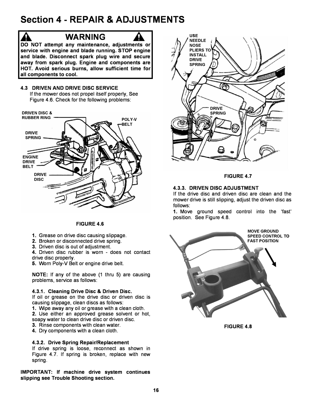 Snapper CRP216019KWV important safety instructions Repair & Adjustments, Grease on drive disc causing slippage 