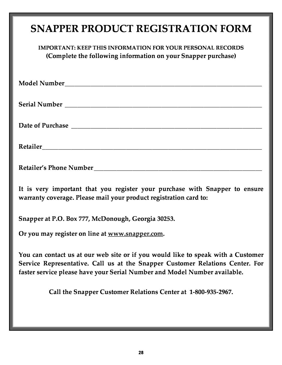 Snapper CRP216019KWV important safety instructions Snapper Product Registration Form 