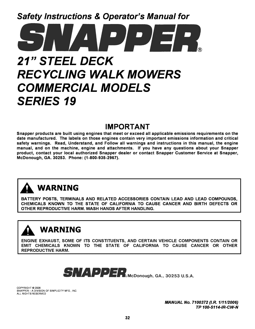 Snapper CRP216019KWV important safety instructions 21” STEEL DECK RECYCLING WALK MOWERS COMMERCIAL MODELS SERIES 