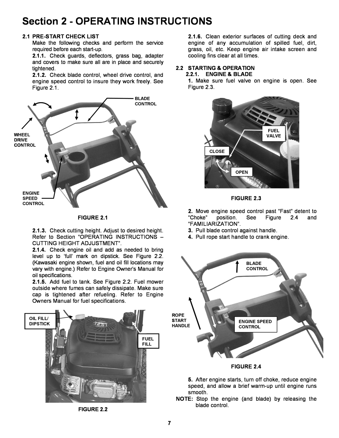 Snapper CRP216019KWV Operating Instructions, Pre-Start Check List, STARTING & OPERATION 2.2.1. ENGINE & BLADE 
