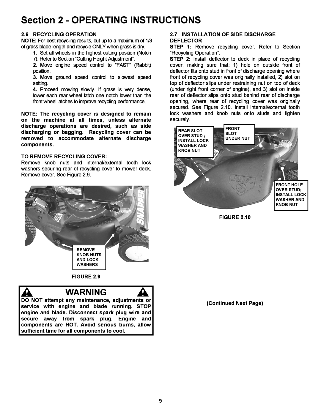 Snapper CRP216019KWV Operating Instructions, Recycling Operation, Installation Of Side Discharge Deflector 